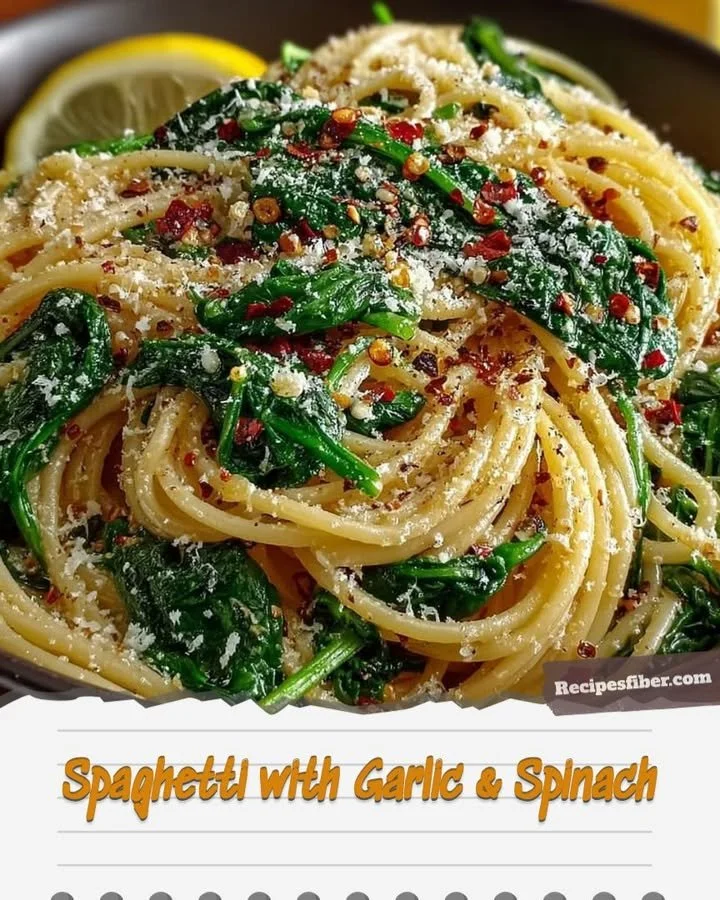 Plate of spaghetti with garlic and spinach garnished with parmesan cheese