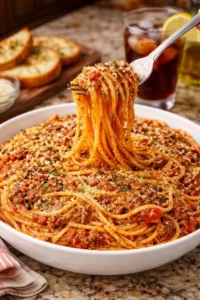 Spaghetti topped with delicious meat sauce, garnished for a perfect meal.