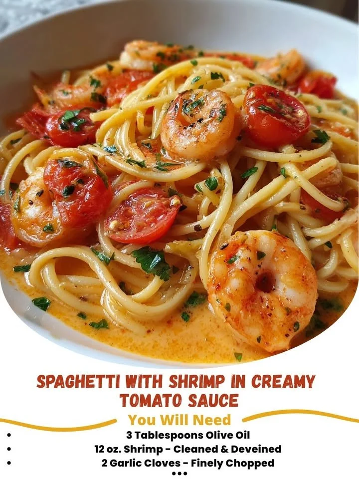 Delicious plate of spaghetti with shrimp in creamy tomato sauce