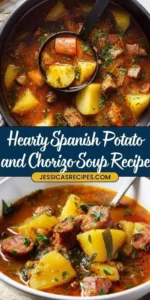 Bowl of Spanish Potato and Chorizo Soup garnished with herbs