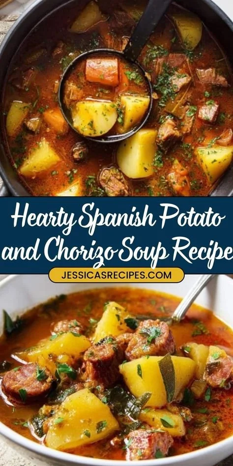 Bowl of Spanish Potato and Chorizo Soup garnished with herbs