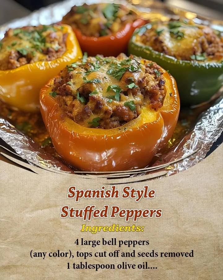 Plate of Spanish style stuffed peppers, vibrant and filled with savory ingredients.