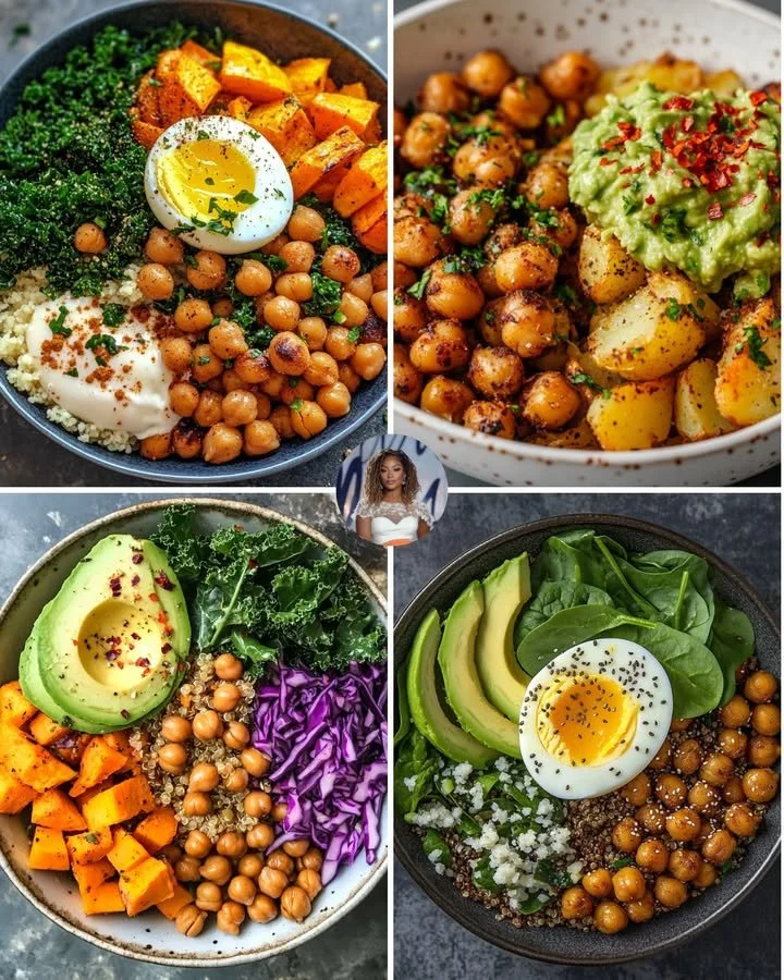 Spiced chickpea and roasted sweet potato bowl garnished with herbs and spices