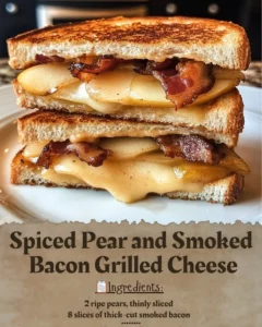 Spiced Pear and Smoked Bacon Grilled Cheese sandwich with melted cheese and crispy bacon