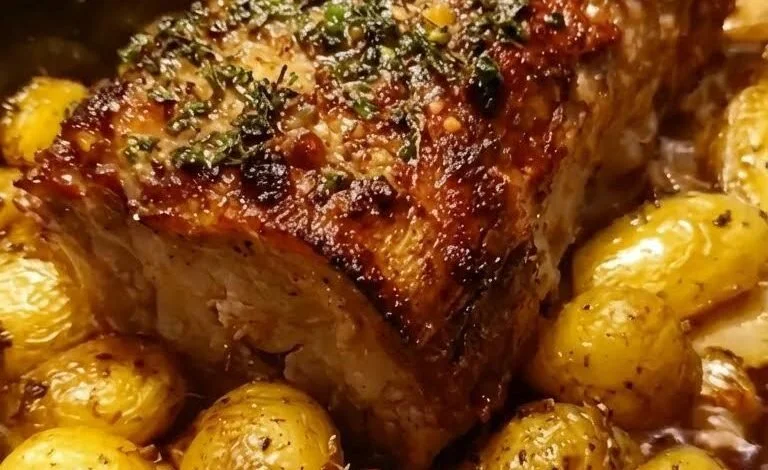 Spiced pork loin roast garnished with herbs on a wooden cutting board.