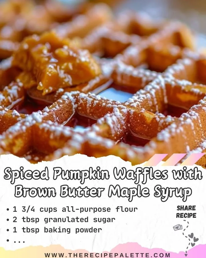 Delicious spiced pumpkin waffles drizzled with brown butter maple syrup.