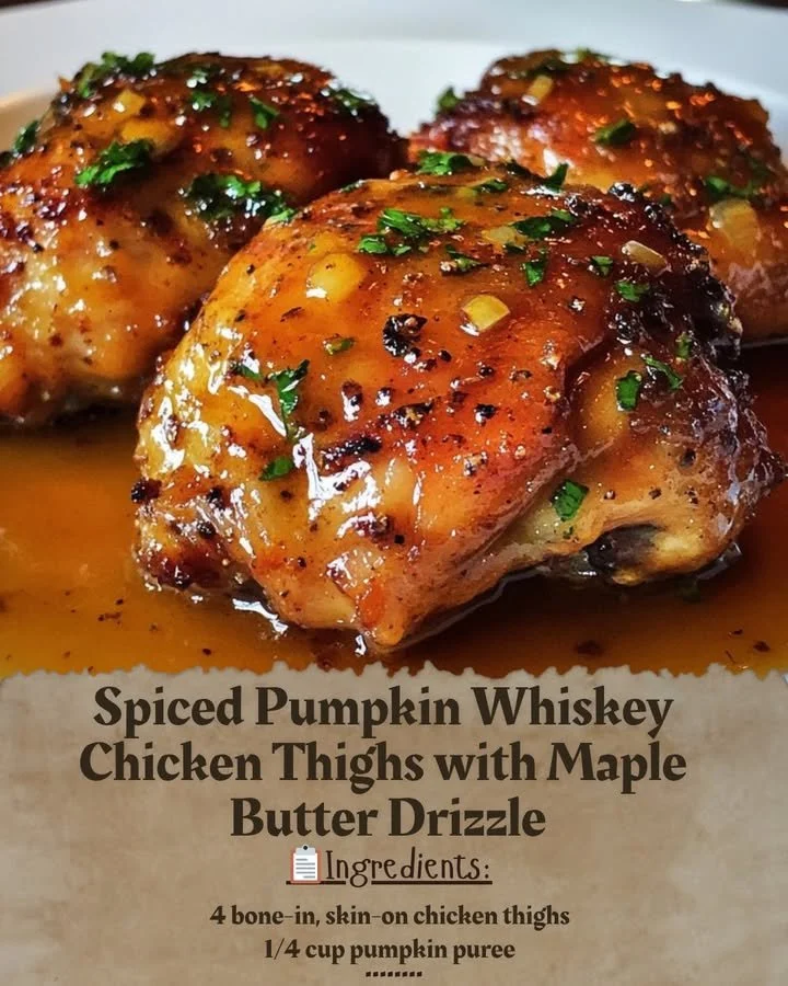 Spiced pumpkin whiskey chicken thighs with maple butter drizzle on a plate