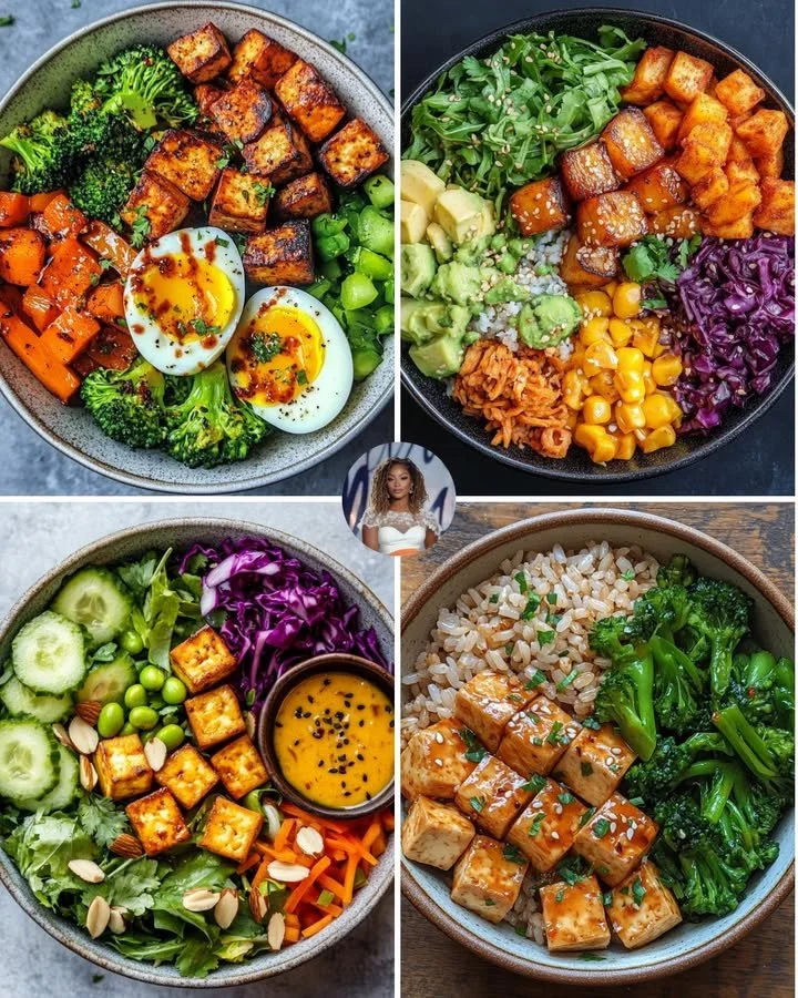 Spiced tofu and roasted sweet potato bowl topped with fresh herbs