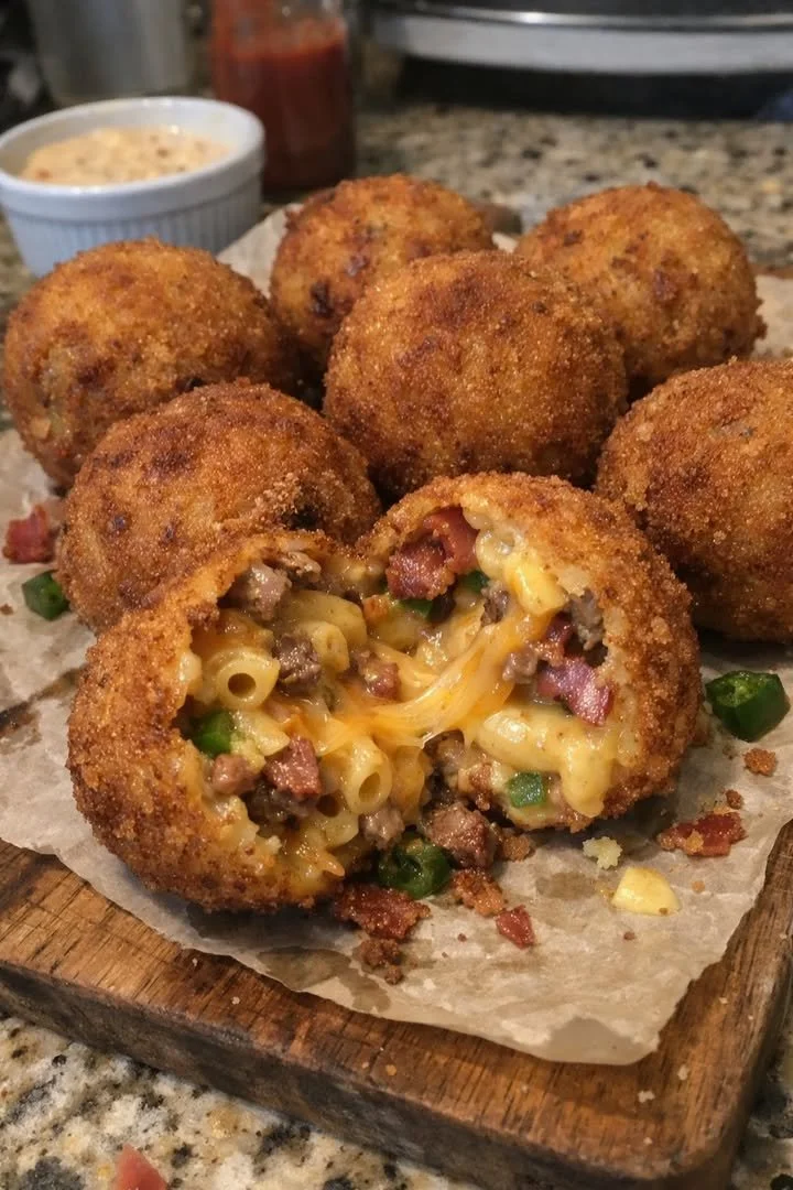Spicy bacon jalapeño mac and cheese burger bombs served on a plate.