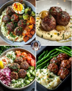 Spicy beef meatballs served with a roasted veggie bowl