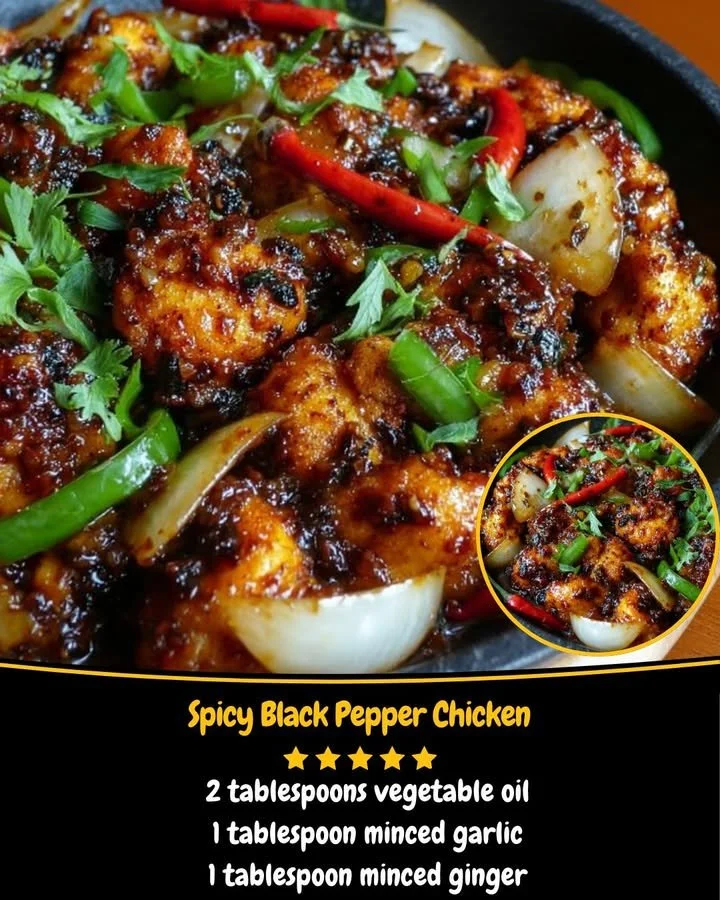 Delicious spicy black pepper chicken served with vegetables and rice