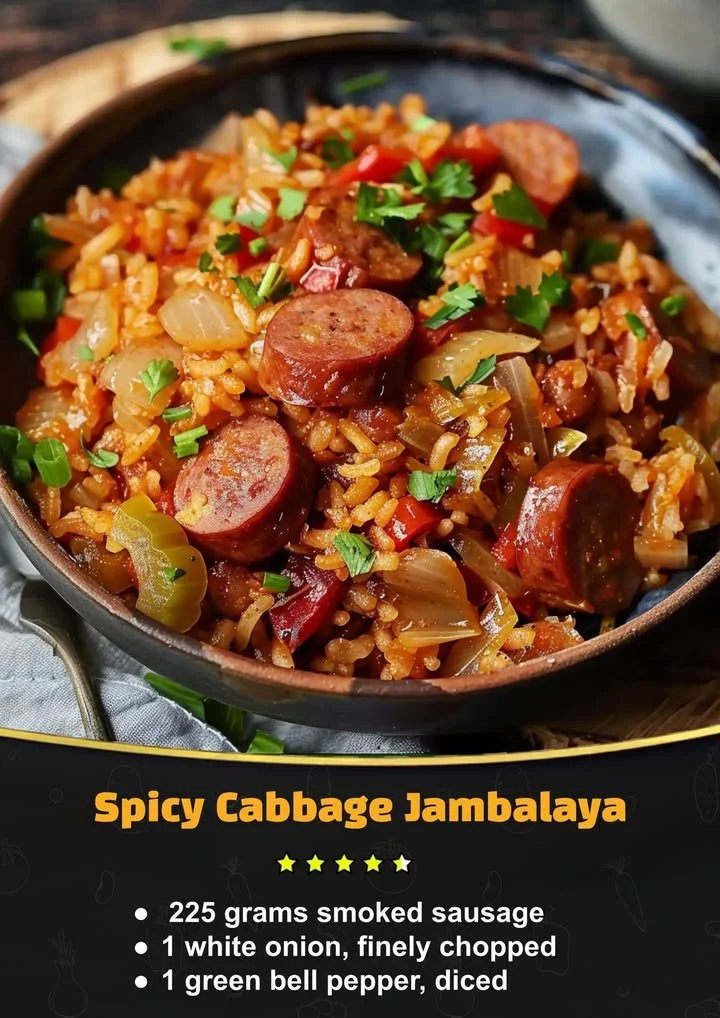 Spicy cabbage jambalaya served in a colorful bowl with fresh herbs