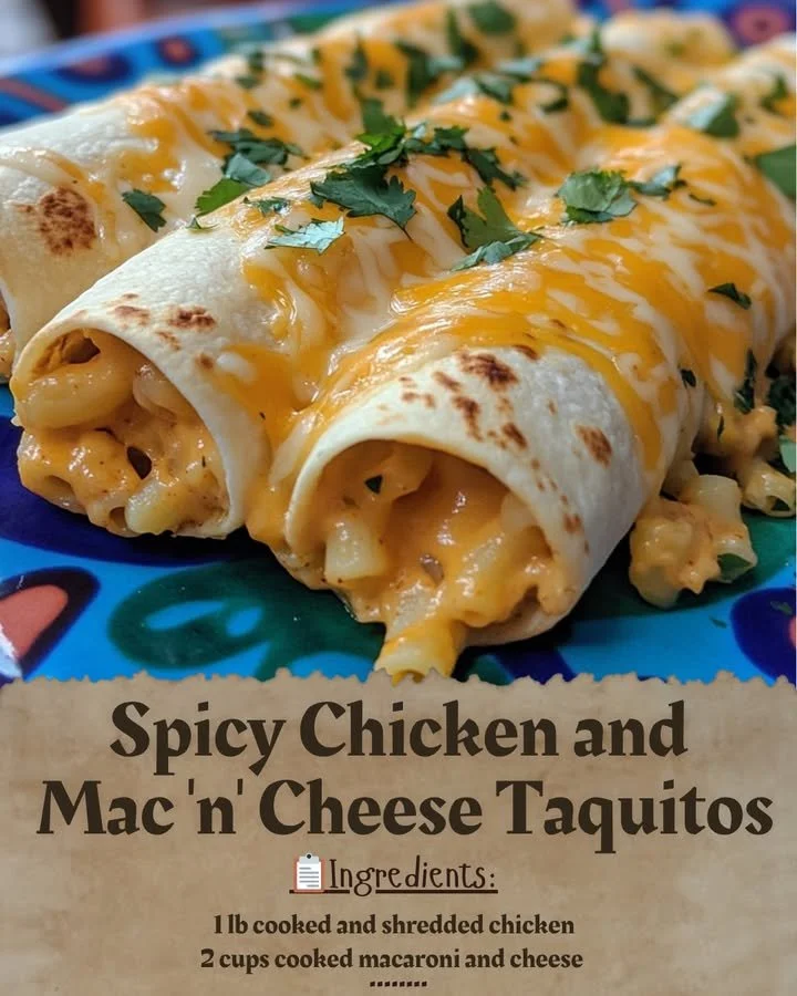 Spicy chicken taquitos with mac and cheese filling served on a plate
