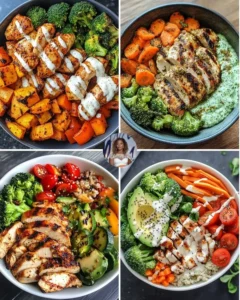 Spicy chicken and roasted veggie bowl with vibrant vegetables and delicious spices.