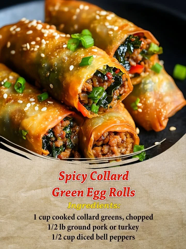 Spicy collard green egg rolls served with dipping sauce on a plate