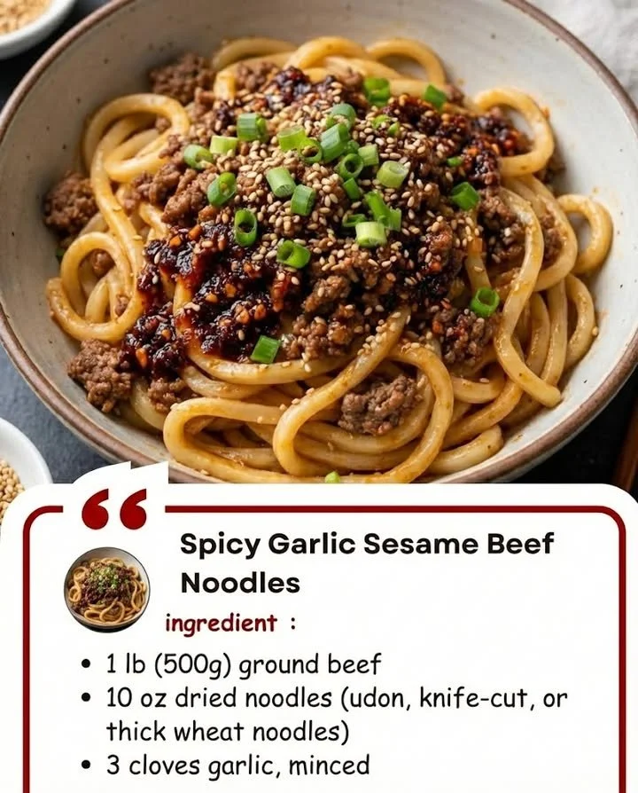 Delicious spicy garlic sesame beef noodles garnished with fresh herbs.