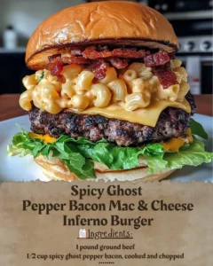 Spicy Ghost Pepper Bacon Mac & Cheese Burger with jalapeños and grilled bacon
