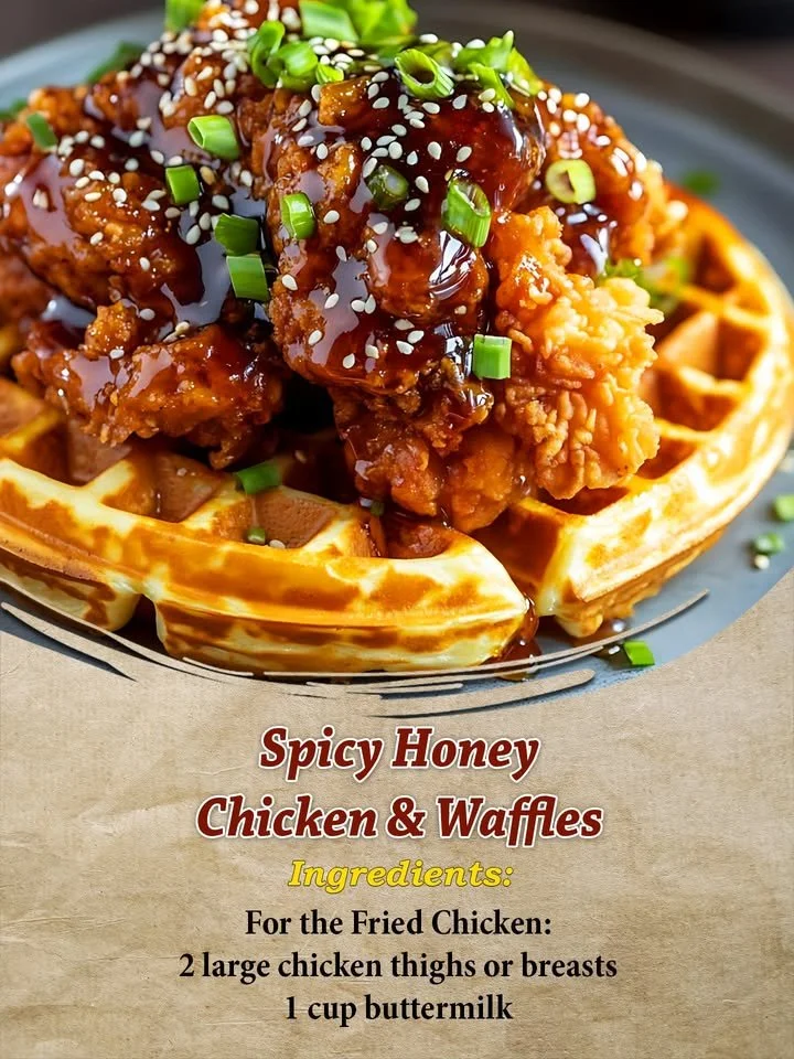 Spicy Honey Chicken served on waffles with drizzled honey sauce