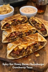 Spicy Hot Honey Bacon Cheeseburger Crunchwrap Tacos served with jalapeños