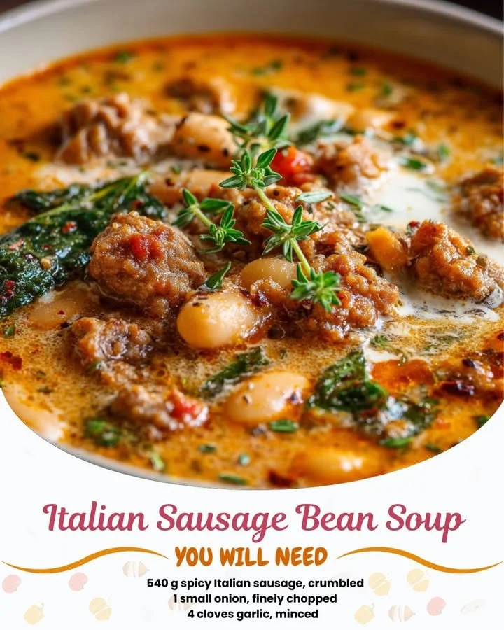 Bowl of spicy Italian sausage bean soup garnished with herbs