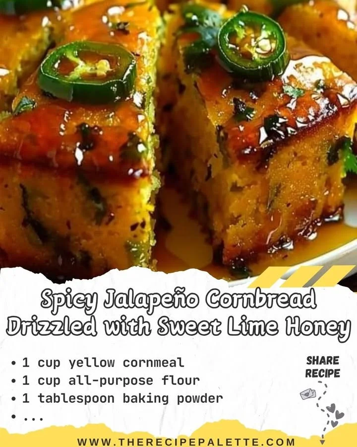 Spicy jalapeño cornbread topped with sweet lime honey drizzle
