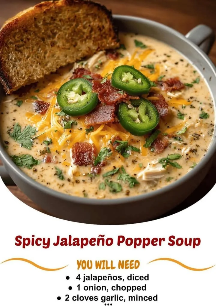 Bowl of spicy jalapeño popper soup garnished with jalapeños and cheese