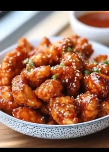 A plate of spicy Korean popcorn chicken garnished with sesame seeds and green onions