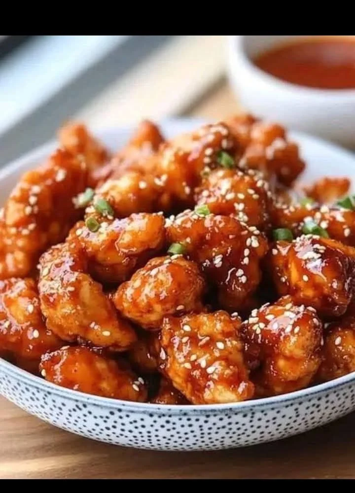 A plate of spicy Korean popcorn chicken garnished with sesame seeds and green onions