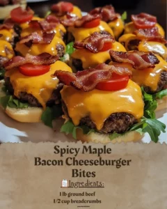 Spicy maple bacon cheeseburger bites on a plate