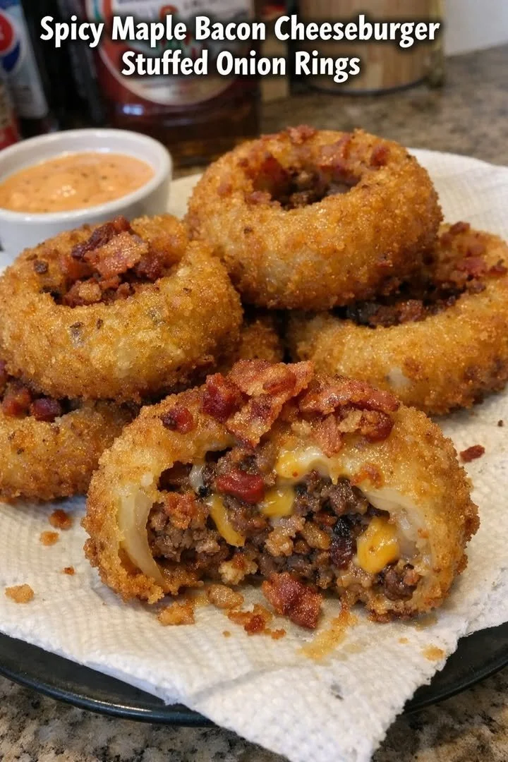 Spicy maple bacon cheeseburger stuffed onion rings on a plate