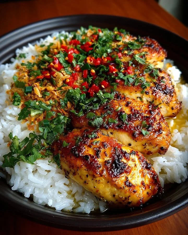 Plate of spicy maple chicken served with coconut rice and garnished with herbs