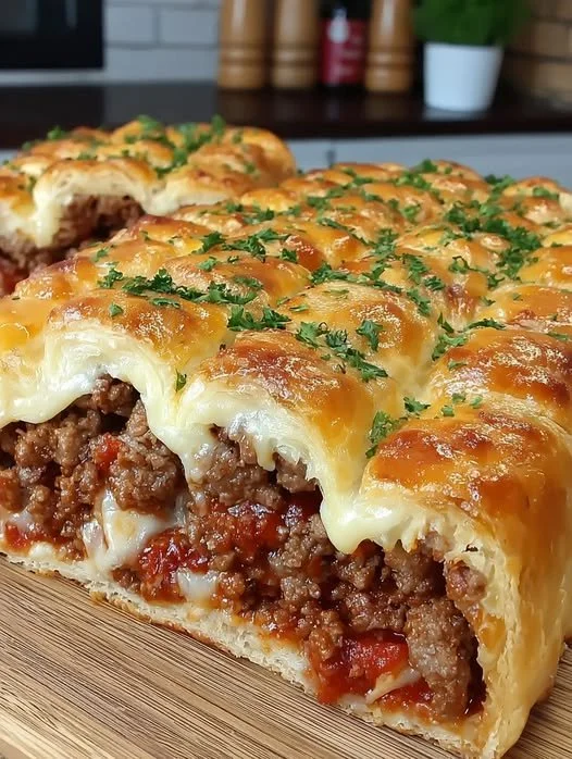 Savory spicy puff pastry with minced meat and melted cheese filling.