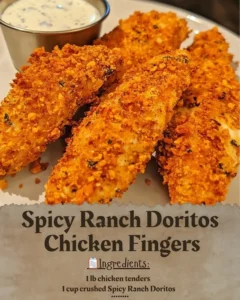 Spicy Ranch Doritos Chicken Fingers served on a plate with dipping sauce