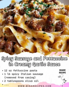 Spicy Sausage Fettuccine in creamy garlic sauce served on a plate