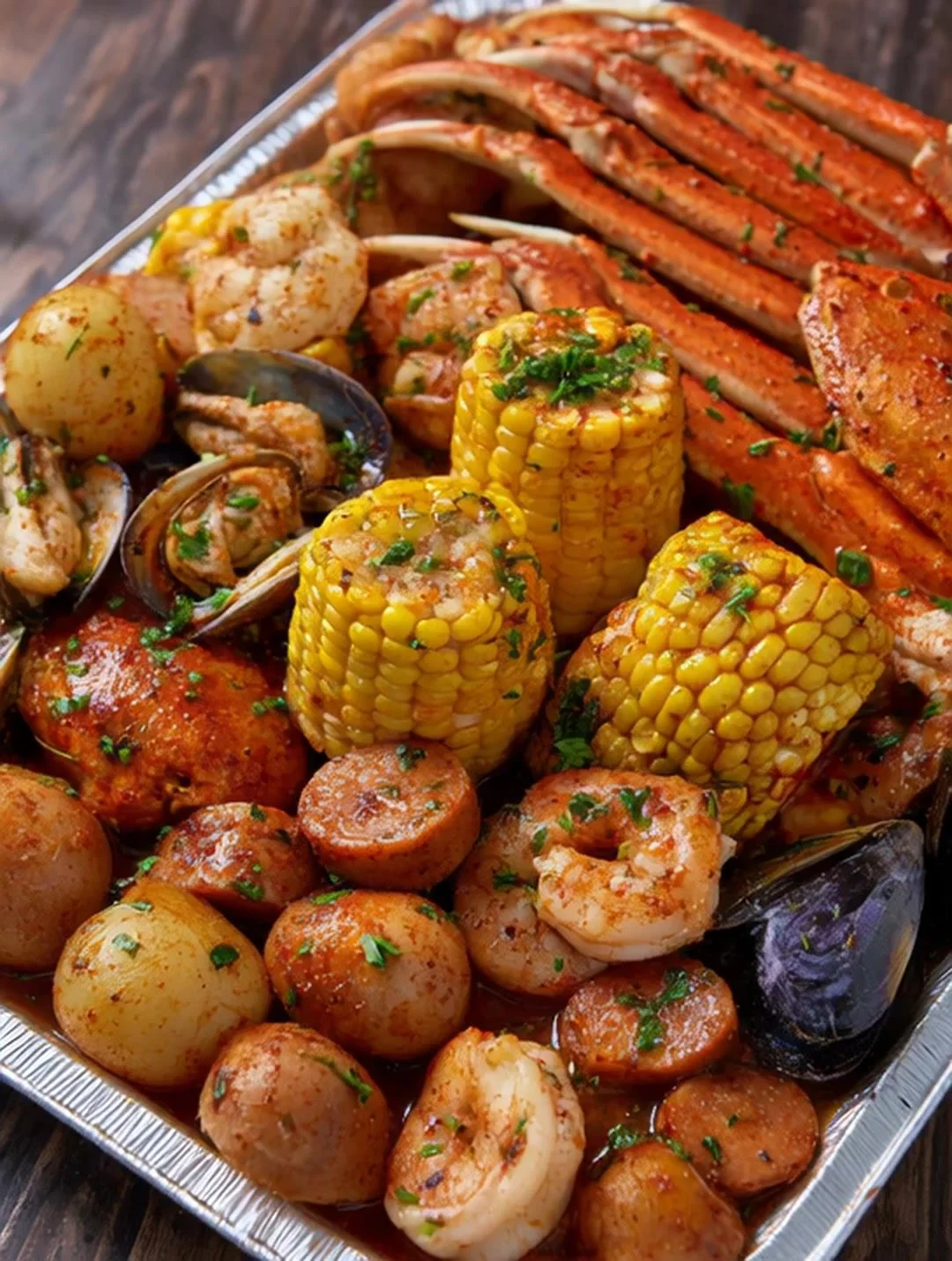 Delicious spicy seafood boil with shrimp, crab, and seasonings in a large pot.