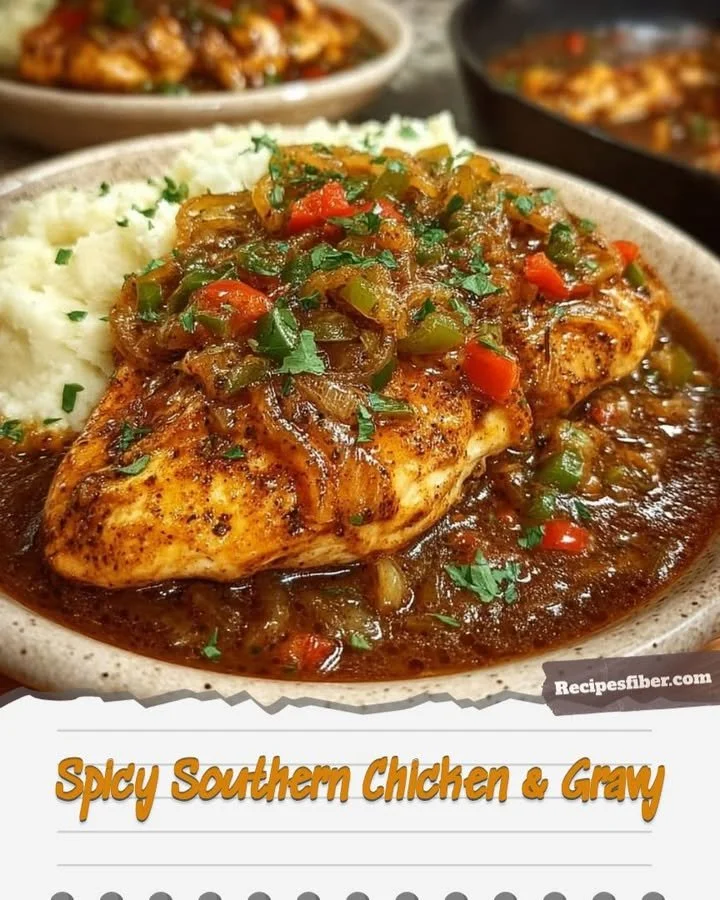 Delicious Spicy Southern Chicken & Gravy served on a plate.
