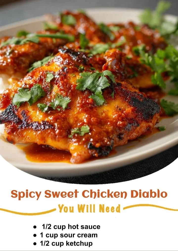 Plate of spicy sweet chicken devil garnished with fresh herbs