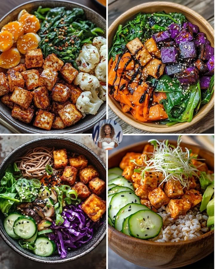 Spicy Tofu and Roasted Cauliflower Bowl garnished with herbs and spices
