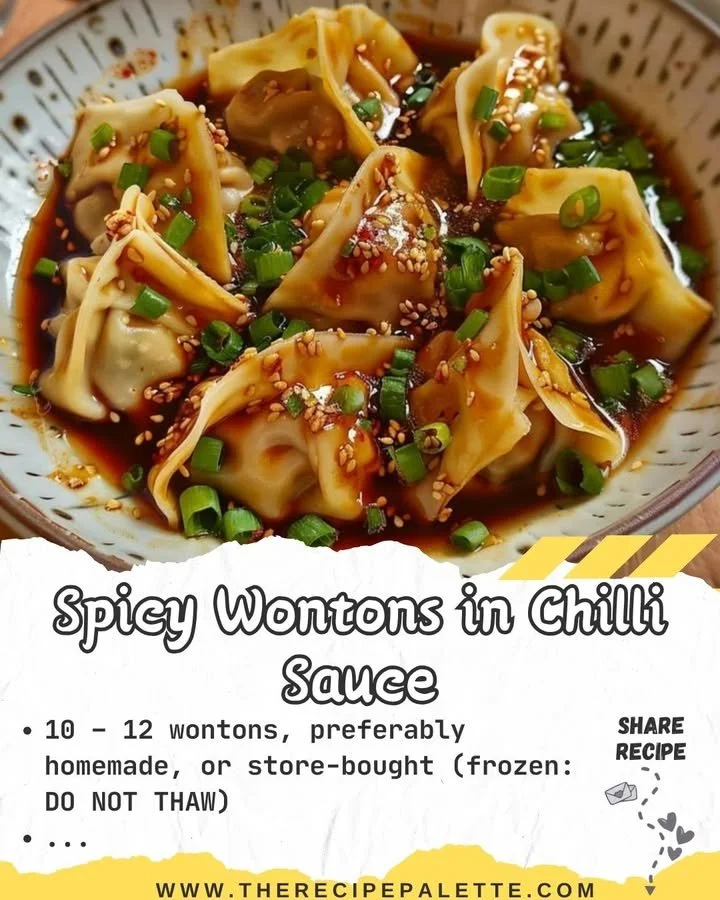 Plate of spicy wontons drizzled with chilli sauce, ready to eat.