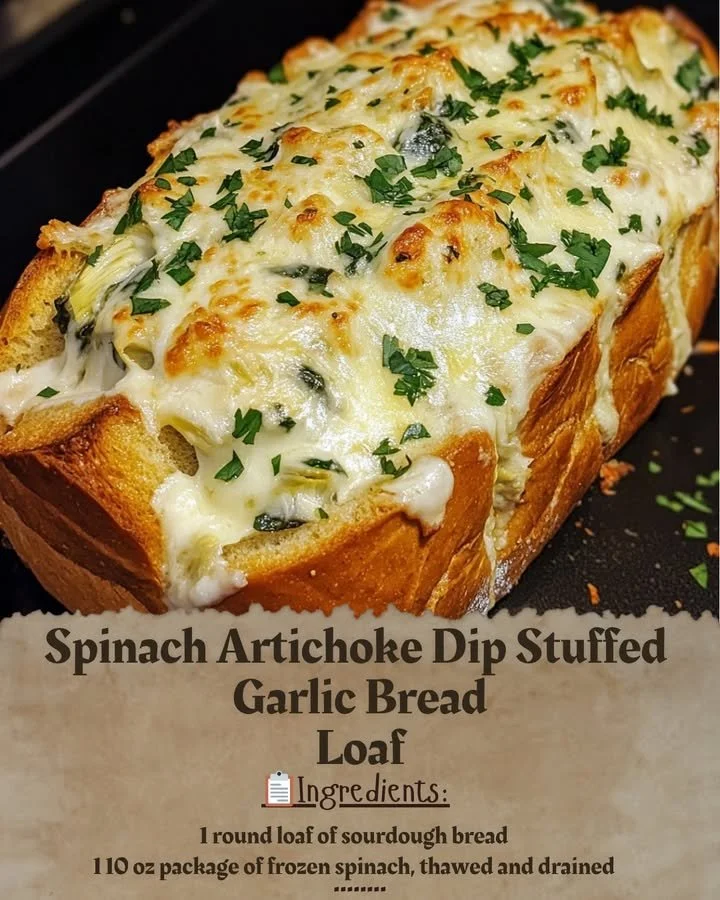 Spinach Artichoke Dip stuffed garlic bread loaf served on a platter