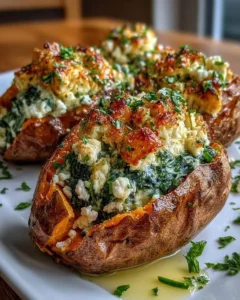 Spinach and feta stuffed sweet potatoes drizzled with lemon herb butter