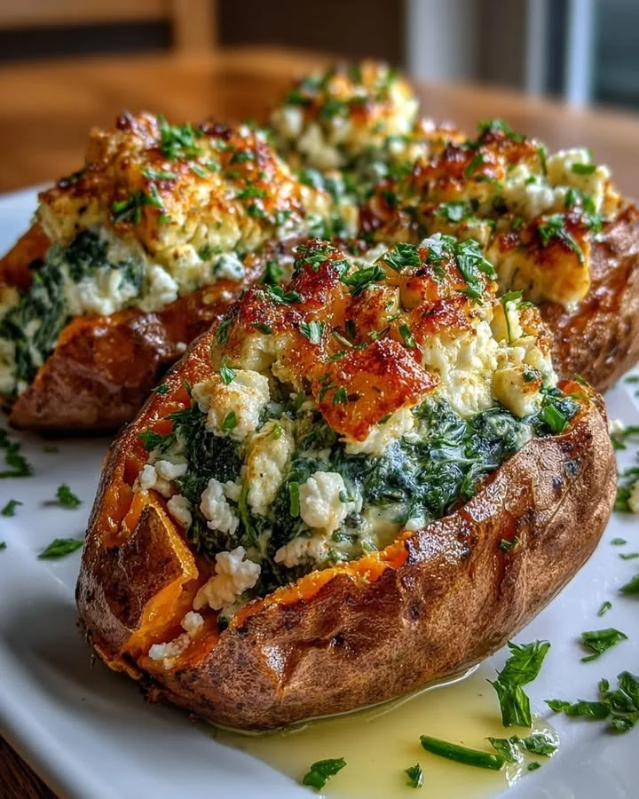 Spinach and feta stuffed sweet potatoes drizzled with lemon herb butter
