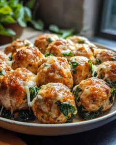 Delicious spinach garlic meatballs stuffed with mozzarella cheese