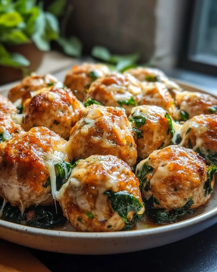 Delicious spinach garlic meatballs stuffed with mozzarella cheese