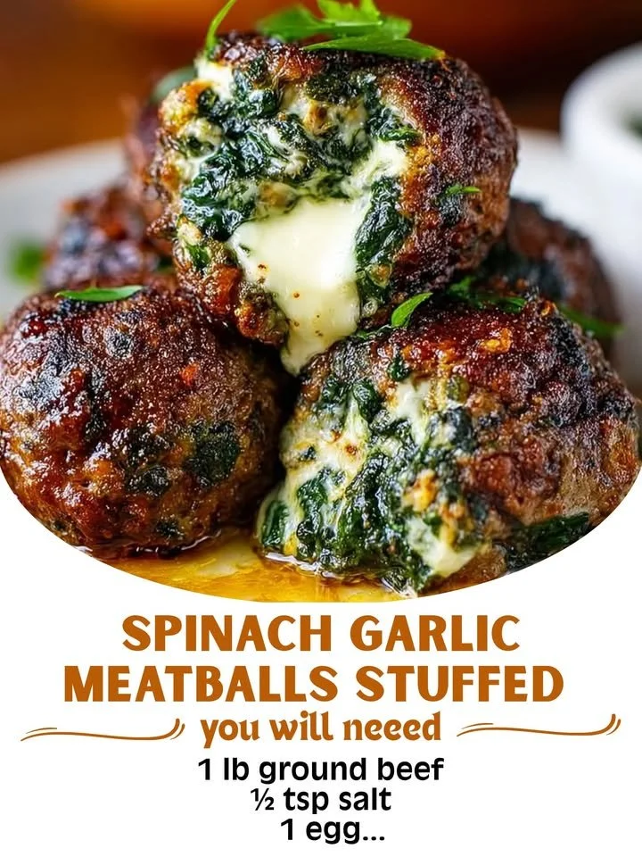 Spinach Garlic Meatballs Stuffed with Mozzarella