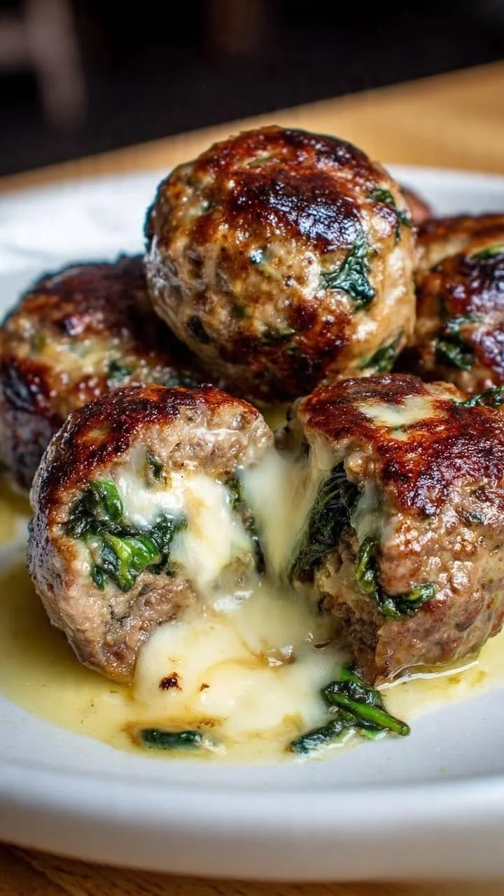 Delicious spinach garlic meatballs stuffed with mozzarella cheese