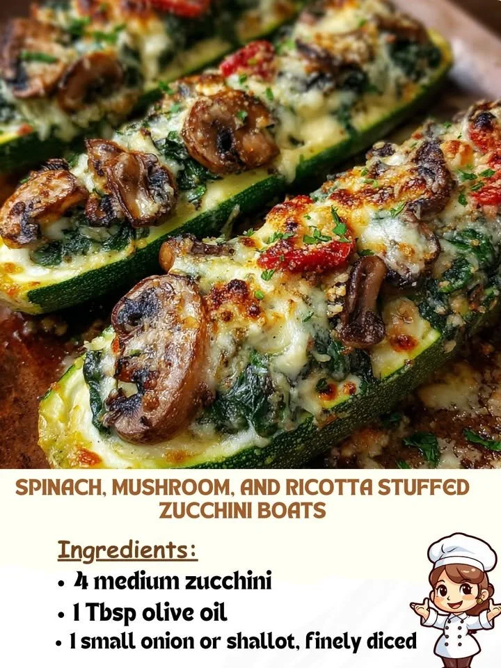 Spinach, mushroom, and ricotta stuffed zucchini boats prepared on a plate.