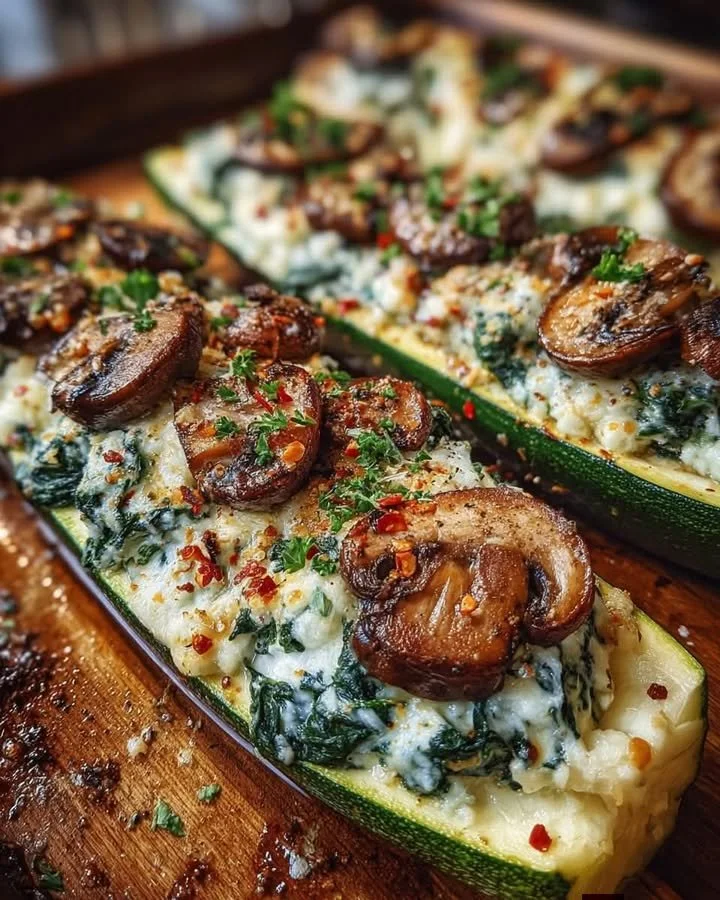 Spinach, mushroom, and ricotta stuffed zucchini boats ready to be served