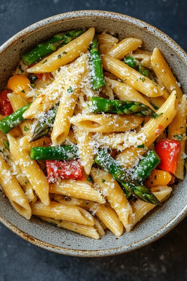 Colorful bowl of spring pasta with fresh vegetables and herbs