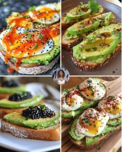 Sriracha Avocado Egg Toast topped with chili sauce and herbs on a plate